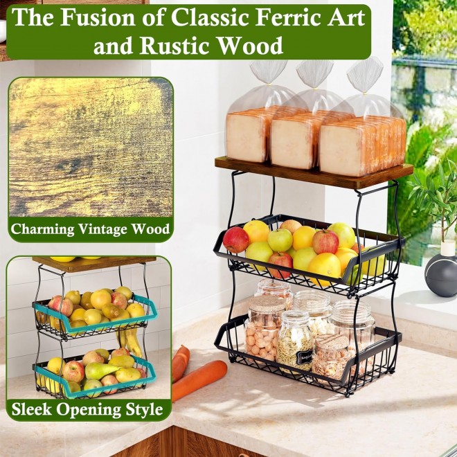 3-Tier Fruit Basket for Kitchen Counter with Banana Hangers, Counterto