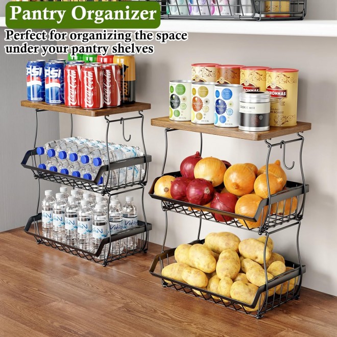 3-Tier Fruit Basket for Kitchen Counter with Banana Hangers, Counterto