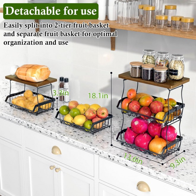 3-Tier Fruit Basket for Kitchen Counter with Banana Hangers, Counterto