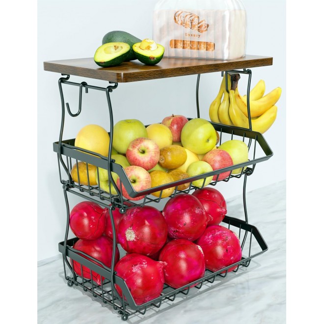 3-Tier Fruit Basket for Kitchen Counter with Banana Hangers, Counterto