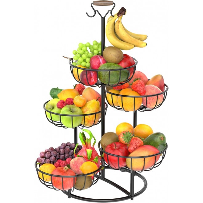 PouHenier.jh 5 Tier Fruit Basket Bowl for Kitchen with Banana Hanger,