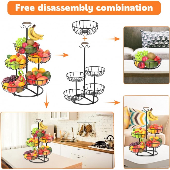 PouHenier.jh 5 Tier Fruit Basket Bowl for Kitchen with Banana Hanger,