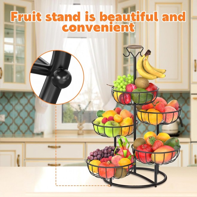 PouHenier.jh 5 Tier Fruit Basket Bowl for Kitchen with Banana Hanger,