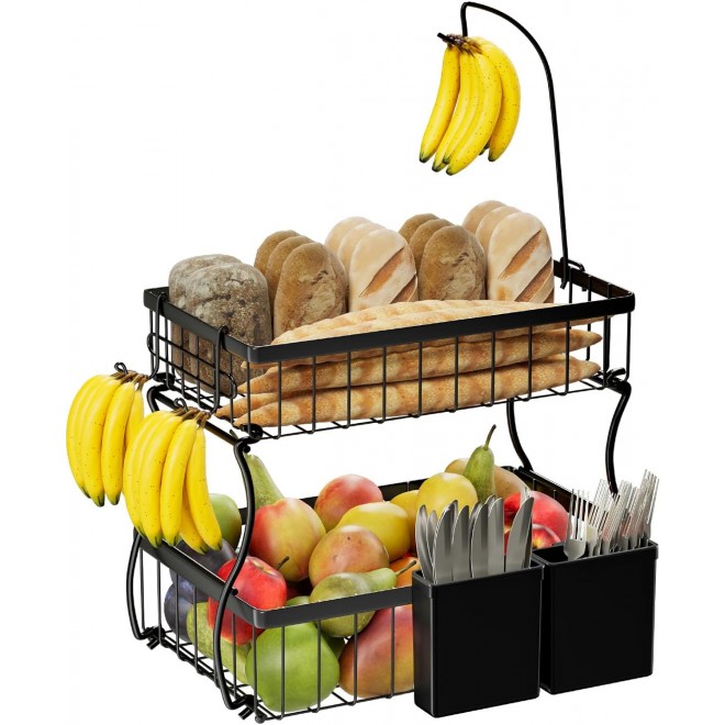 Simple Trending 2 Tier Fruit Bowl Metal with 3 Banana Hooks, Counterto