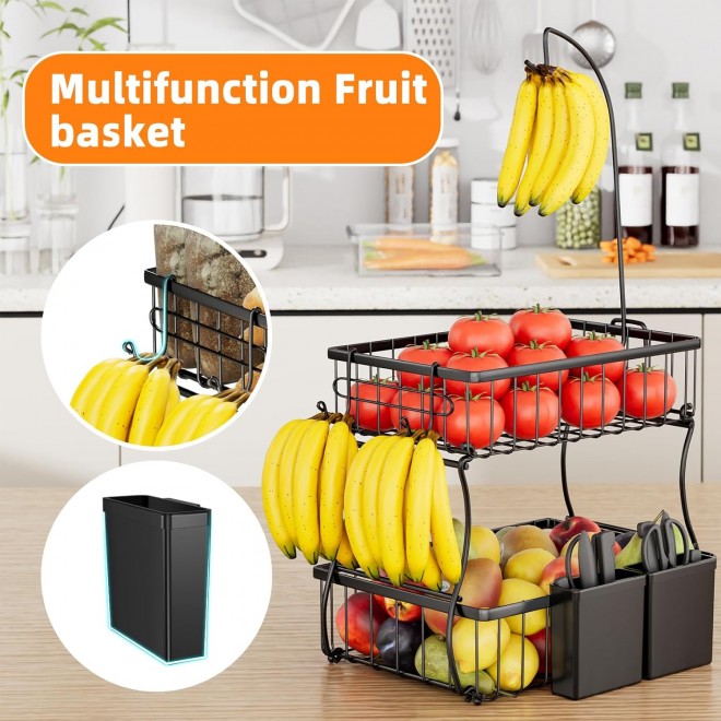 Simple Trending 2 Tier Fruit Bowl Metal with 3 Banana Hooks, Counterto