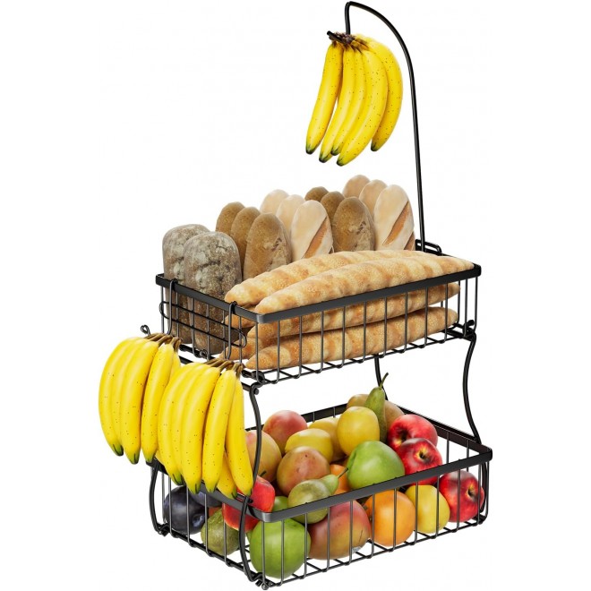 Simple Trending 2 Tier Fruit Bowl Metal with 3 Banana Hooks, Counterto