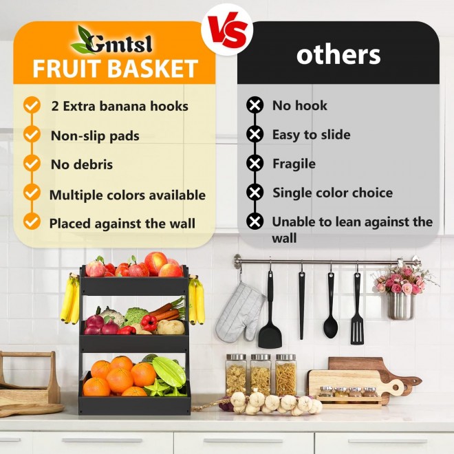 Bamboo Fruit Basket – 3 Tier Fruit Bowl For Kitchen Counter, Large Cap