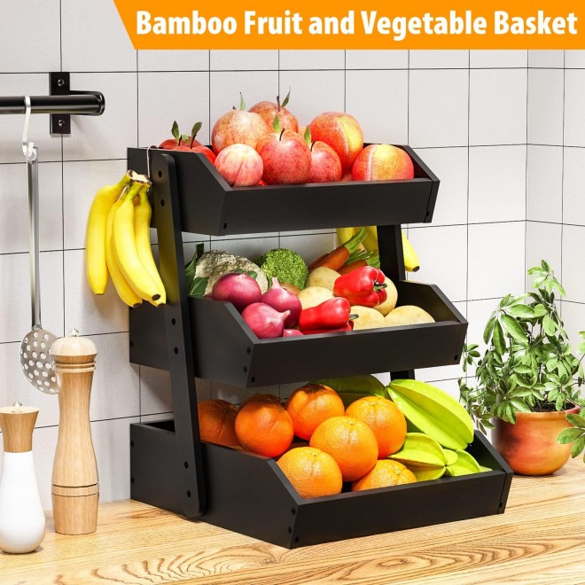 Bamboo Fruit Basket – 3 Tier Fruit Bowl For Kitchen Counter, Large Cap