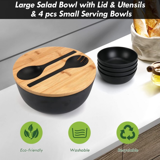 ShineMe Salad Bowls, Large Salad Bowl with Lid and Servers, Bamboo Sal