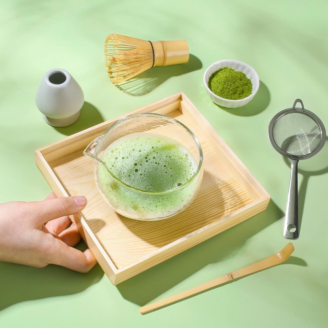 Textured Glass Matcha Bowl With Pouring Spout - Handmade Japanese Styl