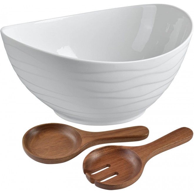 Extra Large Elegant Ceramic Oval Salad Bowl Set with Premium Acacia Wo