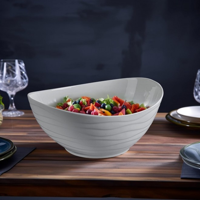 Extra Large Elegant Ceramic Oval Salad Bowl Set with Premium Acacia Wo