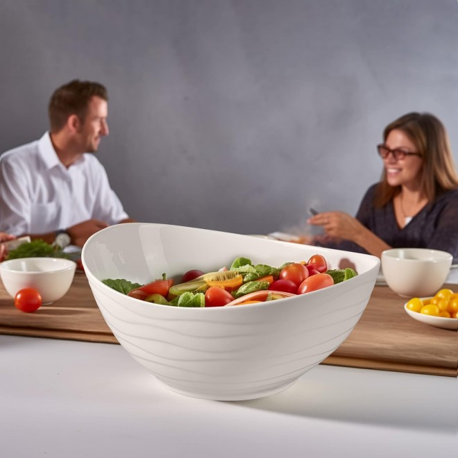 Extra Large Elegant Ceramic Oval Salad Bowl Set with Premium Acacia Wo