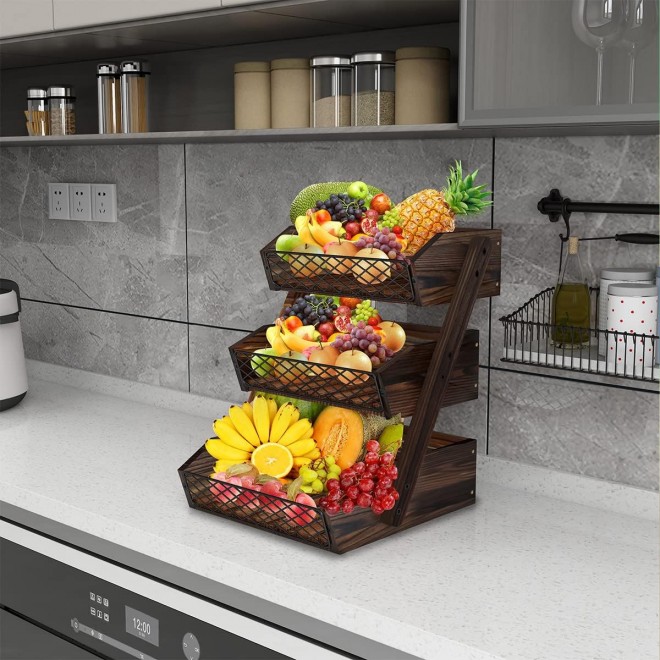 Fruit Basket for Kitchen, 3 Tier Fruit Bowl for Kitchen Counter,Wooden