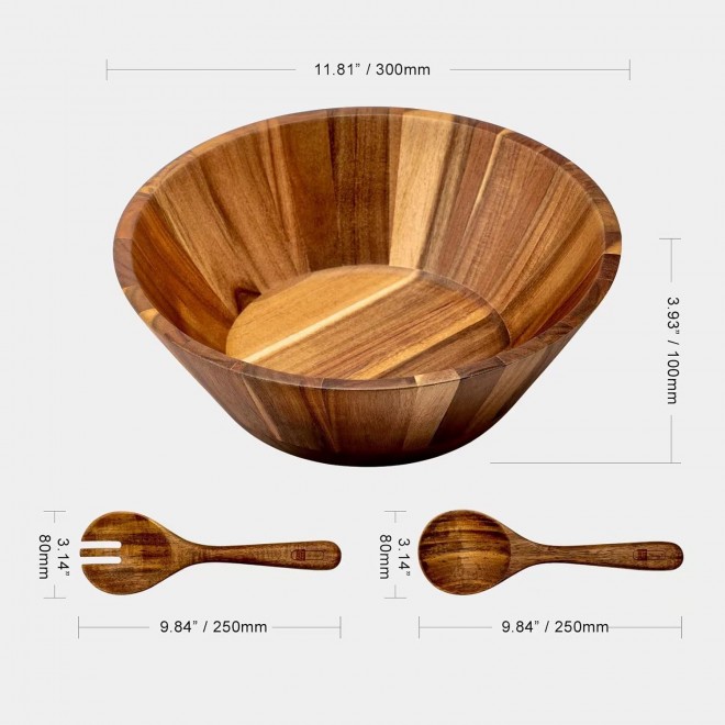 Wooden Salad Bowl, 12'' Acacia Wood Large Salad Bowl Set Big Salad Ser