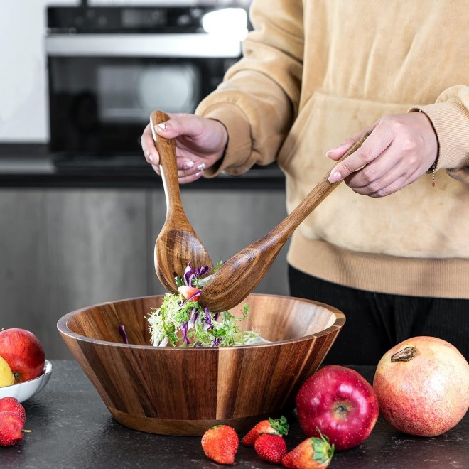 Wooden Salad Bowl, 12'' Acacia Wood Large Salad Bowl Set Big Salad Ser