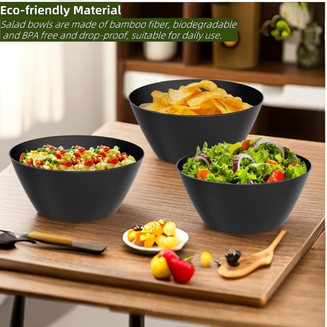 10 inch Bowls for Salad, Large Black Salad Serving Bowl 118 oz, Bamboo