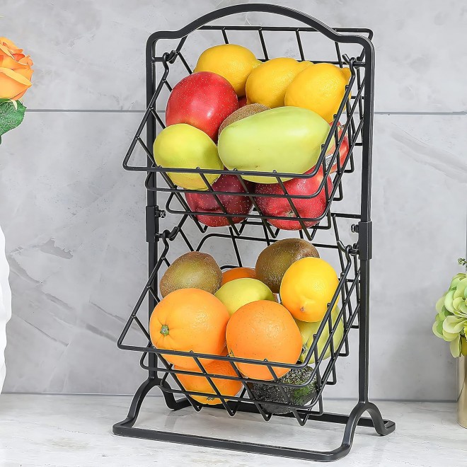 Wetheny 2 Tier Iron Fruit Basket Fruit Bowl for Kitchen Counter,Bread,