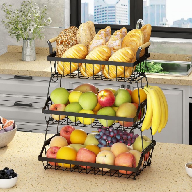 Wisdom Star 3 Tier Fruit Basket Bowl Farmhouse with Side hooks for Kit