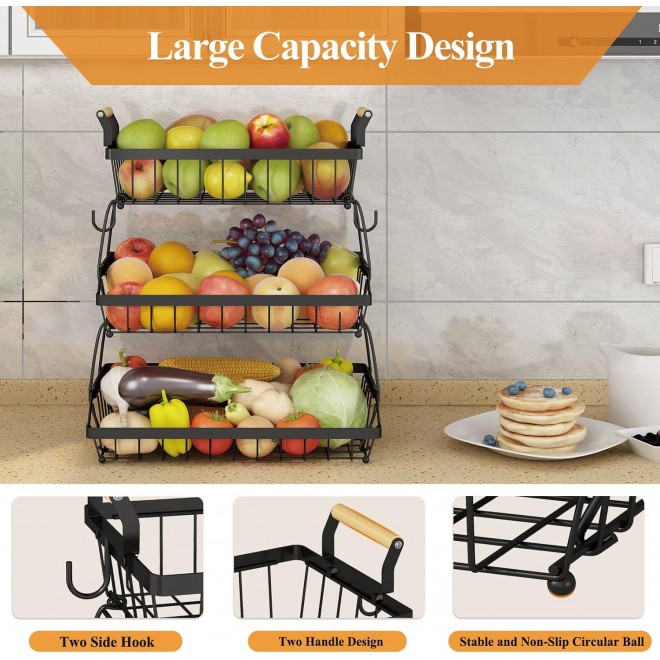 Wisdom Star 3 Tier Fruit Basket Bowl Farmhouse with Side hooks for Kit