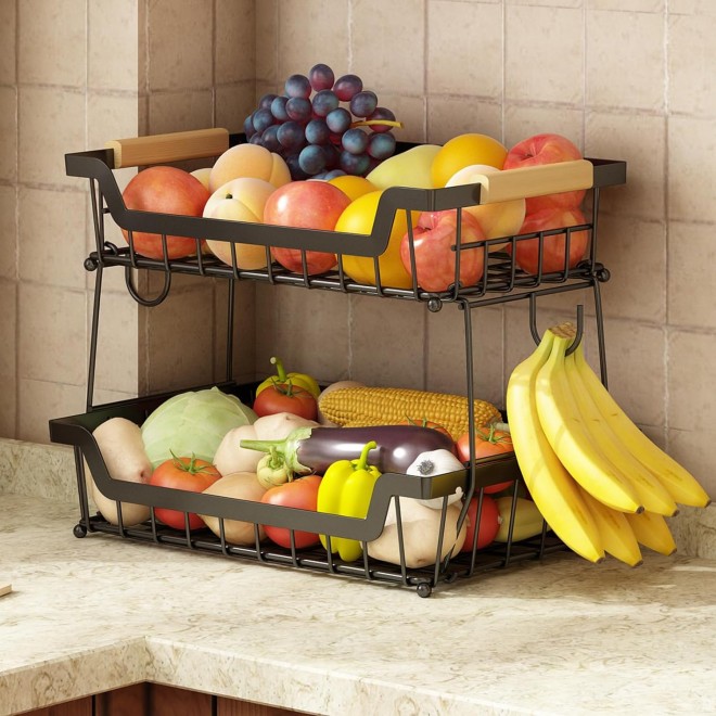 2 Tier Countertop Fruit Basket with 2 Banana Hangers for Kitchen, Deta