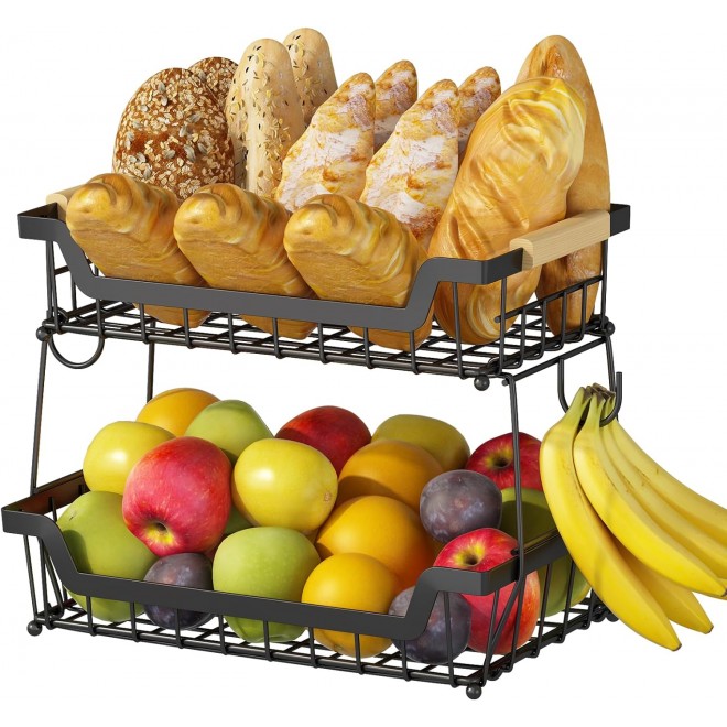 2 Tier Countertop Fruit Basket with 2 Banana Hangers for Kitchen, Deta