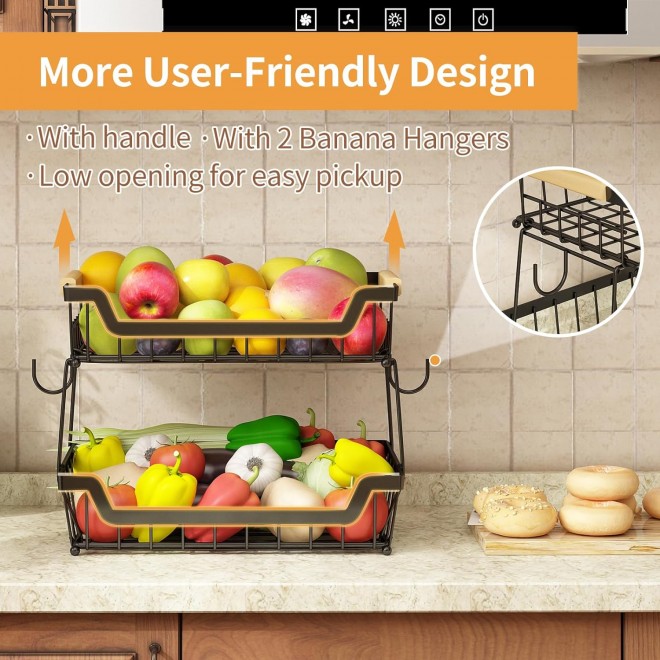 2 Tier Countertop Fruit Basket with 2 Banana Hangers for Kitchen, Deta