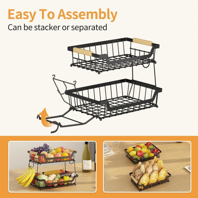 2 Tier Countertop Fruit Basket with 2 Banana Hangers for Kitchen, Deta