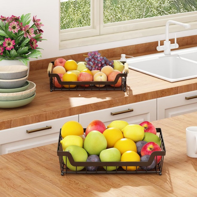 2 Tier Countertop Fruit Basket with 2 Banana Hangers for Kitchen, Deta