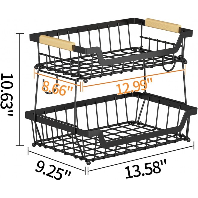 2 Tier Countertop Fruit Basket with 2 Banana Hangers for Kitchen, Deta