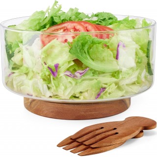 Large Salad Bowl Set, Glass Salad Bowl with Acacia Wood Base and Salad