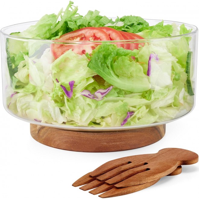 Large Salad Bowl Set, Glass Salad Bowl with Acacia Wood Base and Salad