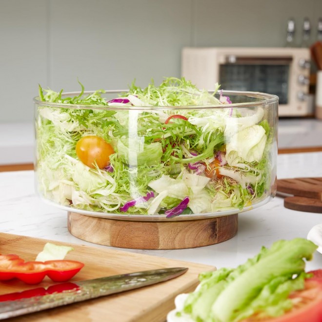 Large Salad Bowl Set, Glass Salad Bowl with Acacia Wood Base and Salad