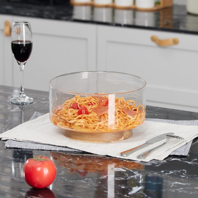 Large Salad Bowl Set, Glass Salad Bowl with Acacia Wood Base and Salad