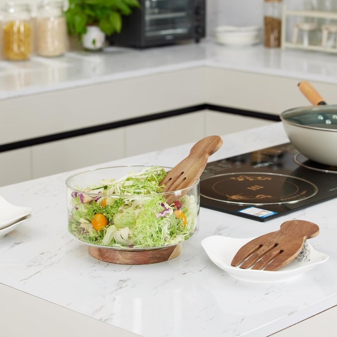 Large Salad Bowl Set, Glass Salad Bowl with Acacia Wood Base and Salad