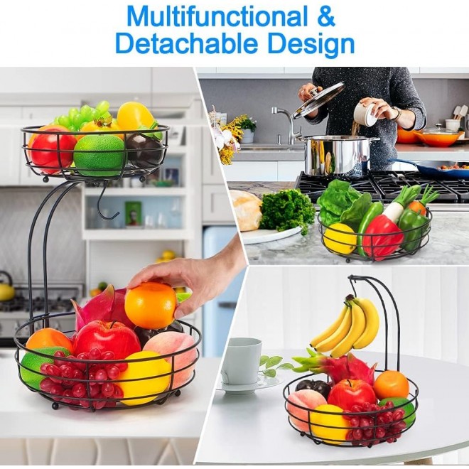 Bextsrack 2-Tier Countertop Fruit Basket Bowl with Banana Hanger, Meta