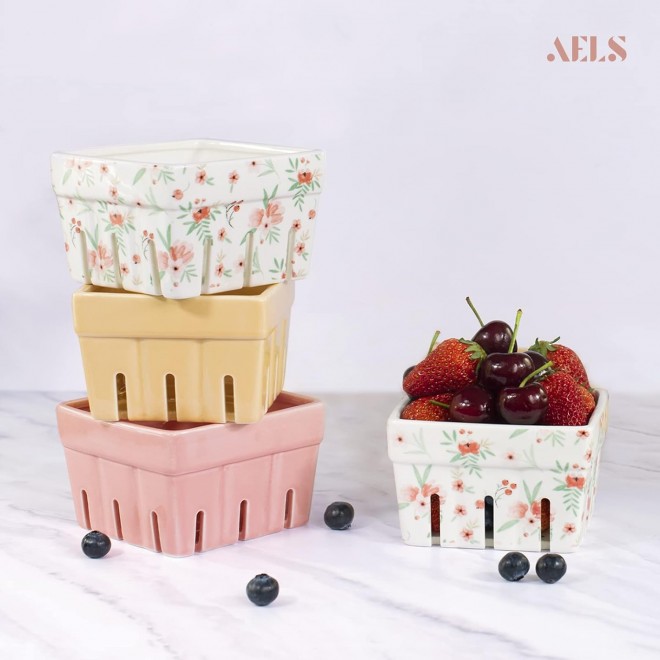 AELS Ceramic Berry Basket, Farmhouse Fruit Bowl Container for Fruit &