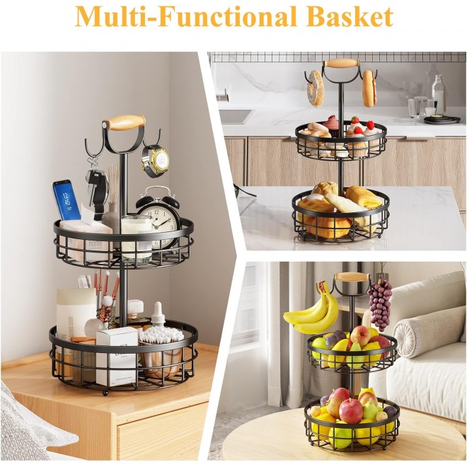 SAYZH 2-Tier Fruit Basket Bowl Vegetable Storage with Dual Banana Tree