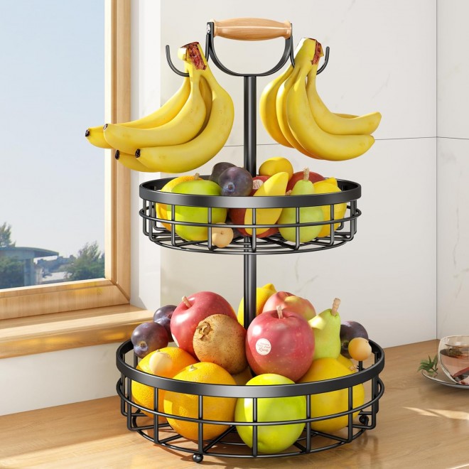 SAYZH 2-Tier Fruit Basket Bowl Vegetable Storage with Dual Banana Tree