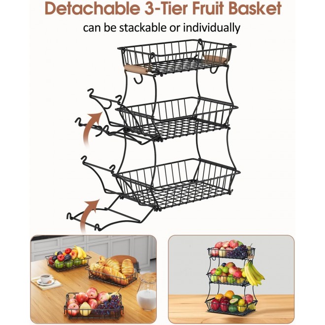 Wetheny 3-Tier Fruit Basket Bowl Vegetable Storage with Banana Hook an