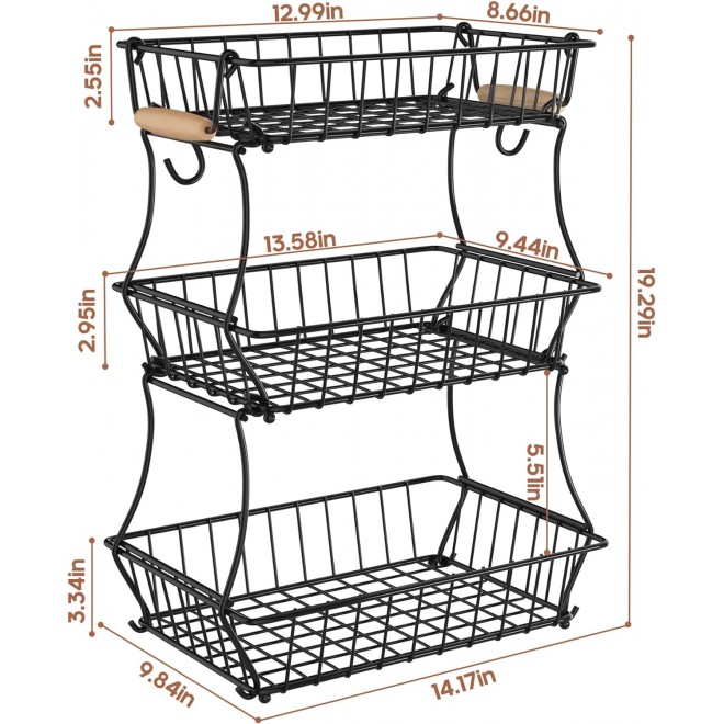 Wetheny 3-Tier Fruit Basket Bowl Vegetable Storage with Banana Hook an