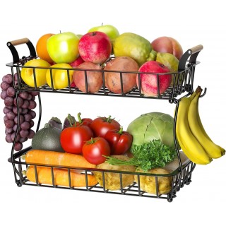 2-Tier Countertop Fruit Basket Bowl Storage with Two Banana Hangers an