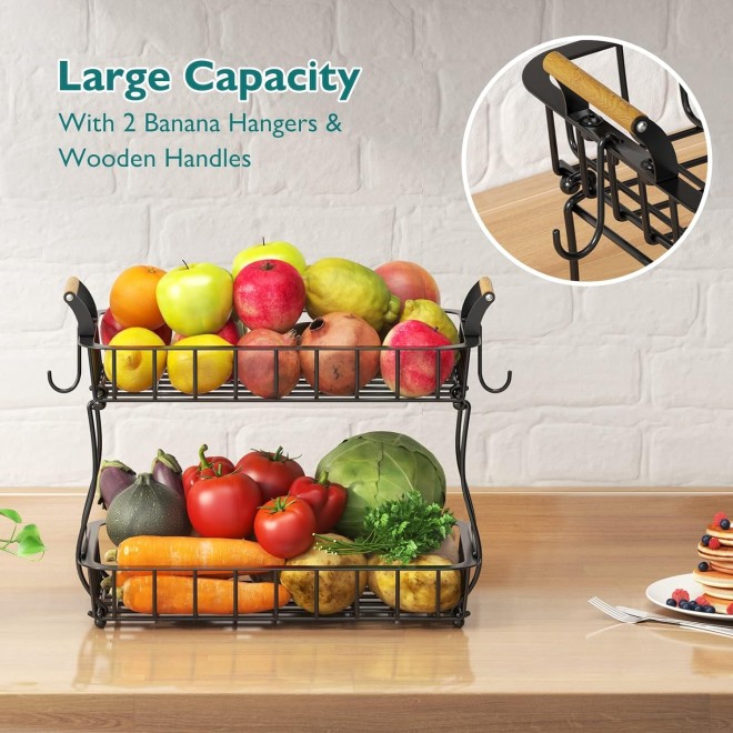 2-Tier Countertop Fruit Basket Bowl Storage with Two Banana Hangers an