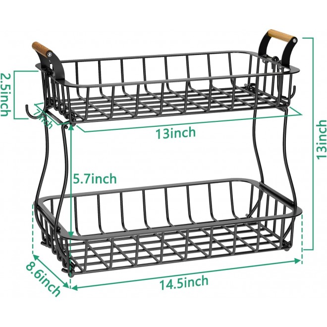 2-Tier Countertop Fruit Basket Bowl Storage with Two Banana Hangers an