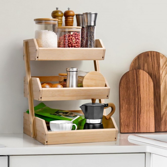 Bamboo Fruit Basket Stand - 3 Tiers for Kitchen Countertop, Perfect fo