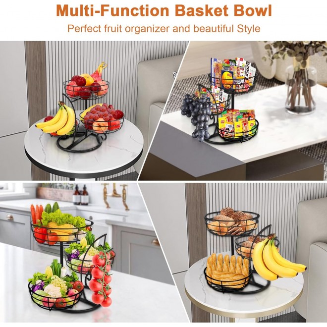 Fruit Basket Bowl with Banana Hanger, Fruit Vegetable Storage Basket w