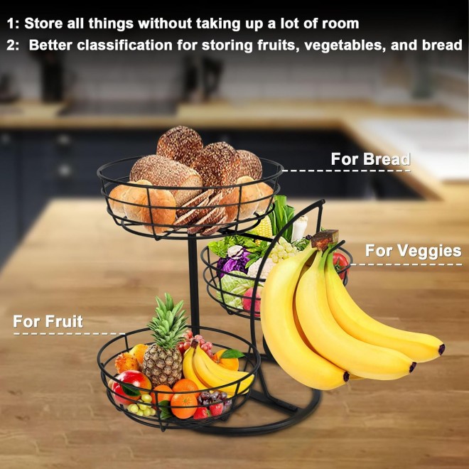 Fruit Basket Bowl with Banana Hanger, Fruit Vegetable Storage Basket w