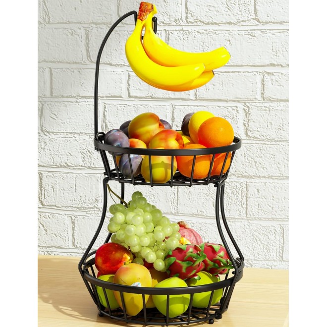 2-Tier Fruit Basket Bowl Stackable Vegetable Storage with Banana Tree