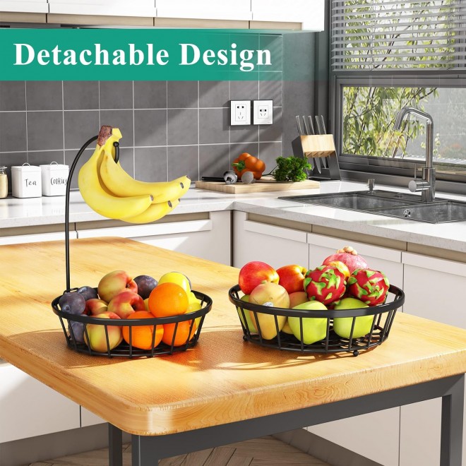 2-Tier Fruit Basket Bowl Stackable Vegetable Storage with Banana Tree