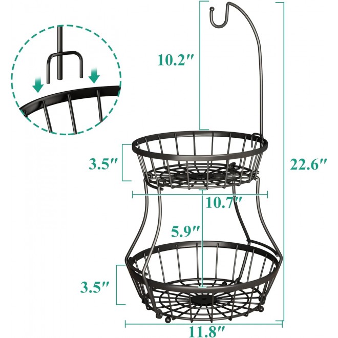 2-Tier Fruit Basket Bowl Stackable Vegetable Storage with Banana Tree